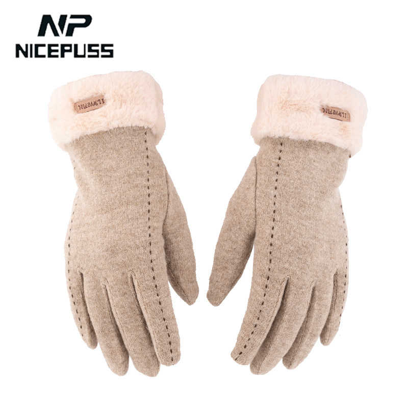 女士冬季保暖手套加绒加厚羊绒手套女可触屏羊帽手套骑行防寒手套