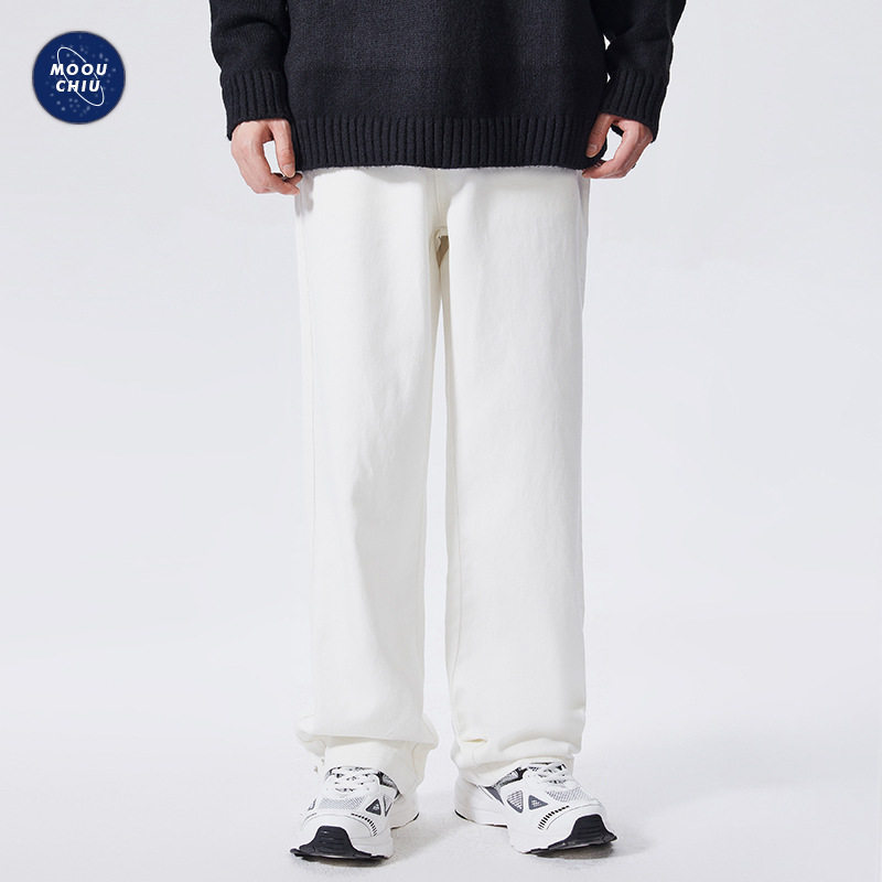 沐丘男装∣秋季新款潮牌白色牛仔裤男美式街头宽松直筒休闲阔腿裤