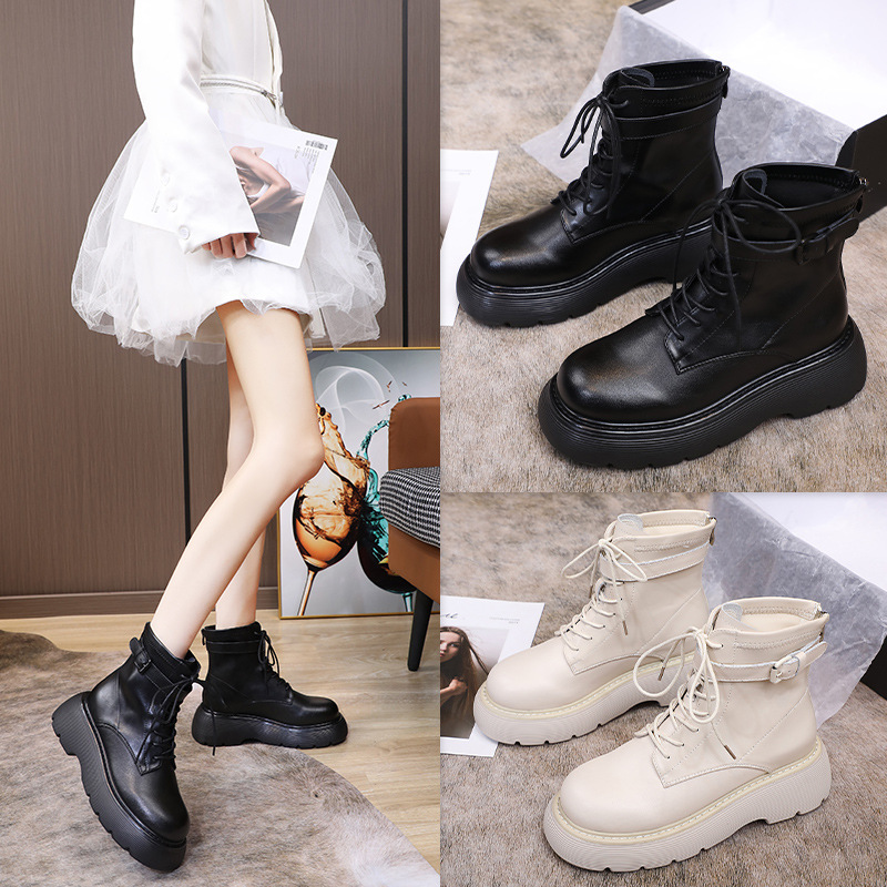 2024春秋冬季新款韩国马丁靴女粗跟短靴复古搭扣加绒圆头靴子女鞋