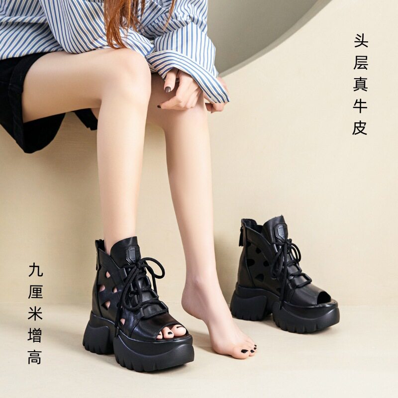 10cm内真皮厚底鱼嘴罗马凉鞋春夏季新款潮前系带休闲女松糕鞋