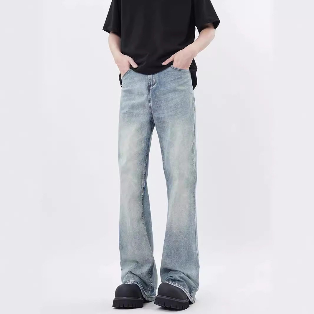 美式高街cleanfit水洗做旧牛仔裤男修身直筒微喇浅蓝色裤子