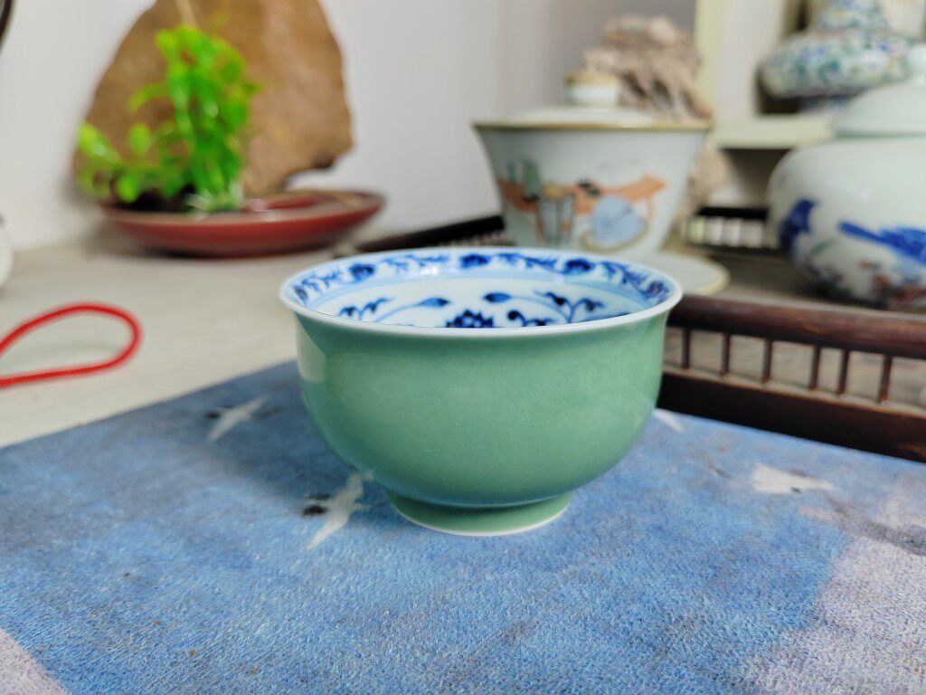 全手工明青花柴窑鱼藻炉式杯