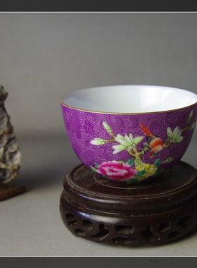 德行如玉全手工紫色地［本金口粉彩扒花花鸟杯3]平价不议!