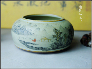 美院全手工手绘陶泥墨彩山水茶洗笔洗水承[ 小 ]4平价不议!