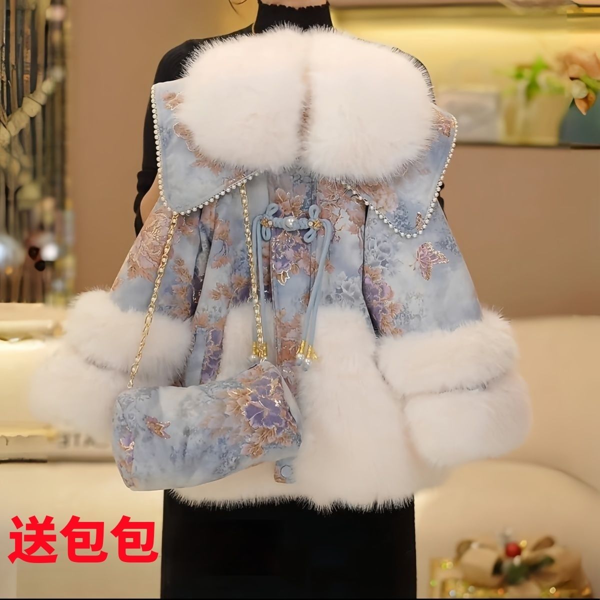 女童仿皮草外套2024冬装新款中大童冬季加绒派克服洋气网红拜年服