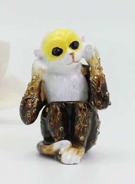 珐琅彩卡通生肖猴装饰桌面摆件合金首饰盒三不猴创意家居小摆件