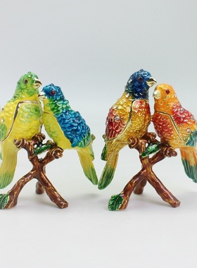 合金工艺品爱情鸟首饰盒摆件珐琅彩人工彩绘双鸟家居创意摆件