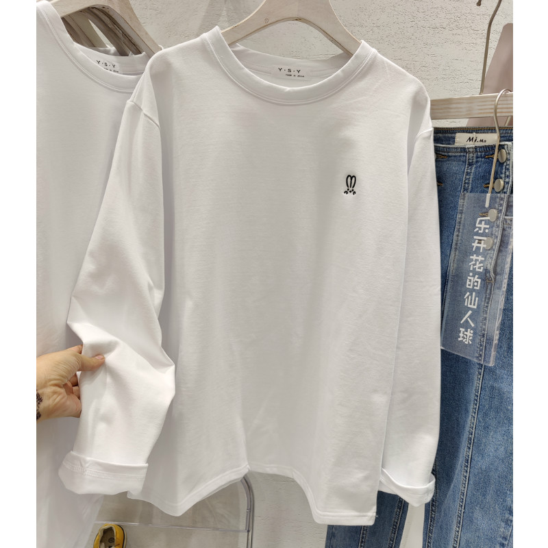Y.S.Y简约刺绣加绒加厚白色长袖T恤女百搭打底衫2023秋冬内搭上衣