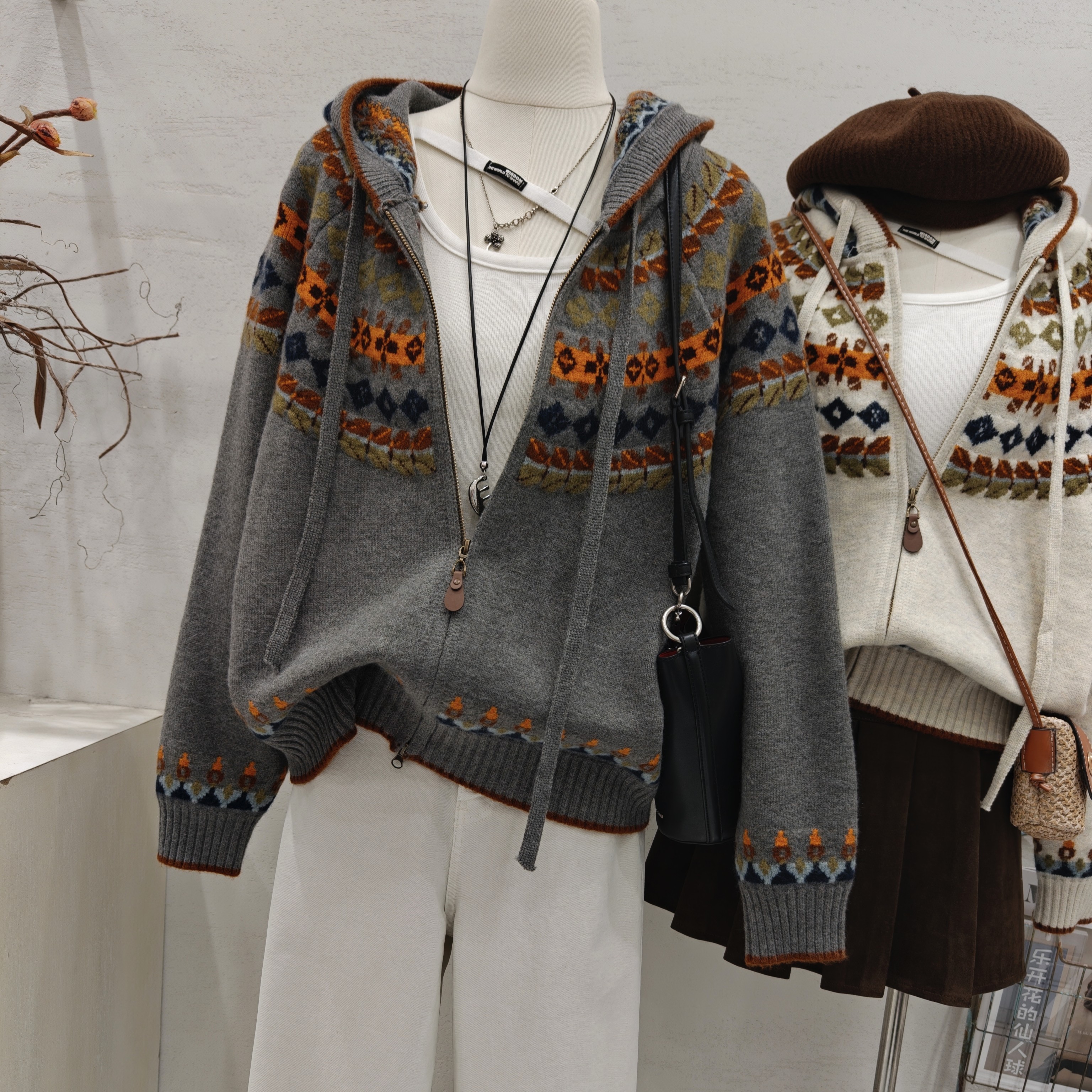 韩系复古提花连帽针织开衫女2026春季宽松小众时尚毛衣外套上衣潮,女装/女士精品,毛针织衫,淘宝优惠券,粉丝福利购,淘宝优惠卷