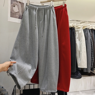 欧货高端时尚加绒加厚松紧腰弯刀卫裤女2025冬季宽松休闲裤阔腿裤