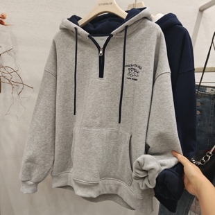 韩系卡通刺绣半拉链宽松休闲加绒加厚连帽卫衣女2025冬季长袖上衣