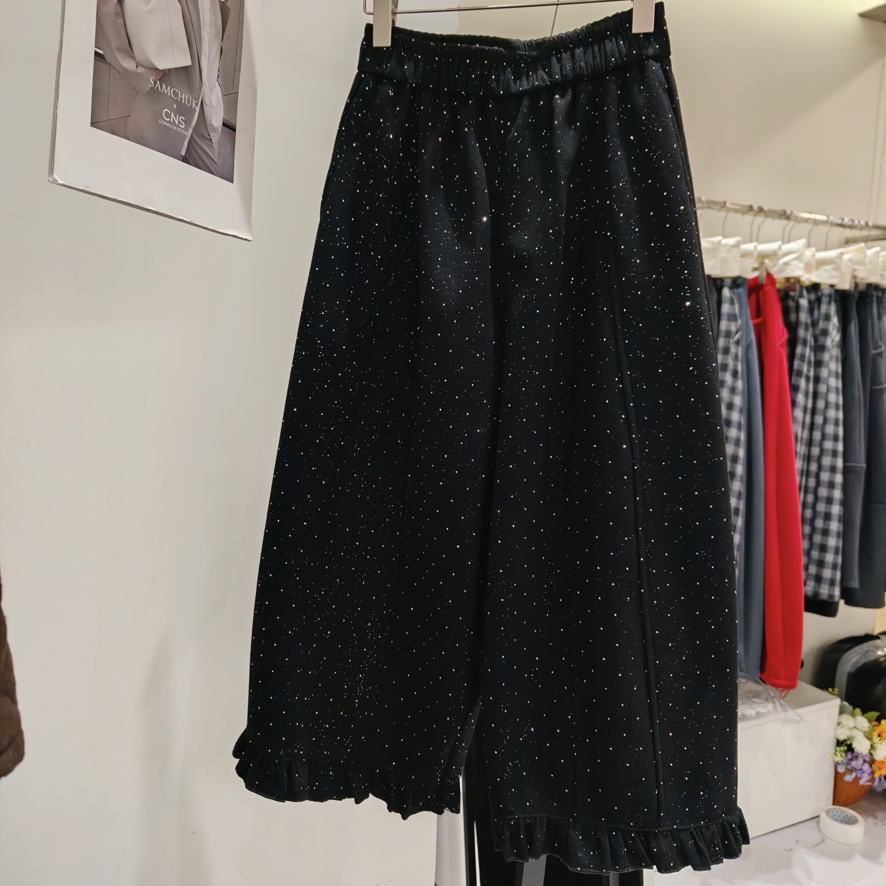 欧货高端细闪烫钻加绒九分毛呢阔腿花苞裤女2025冬宽松气球休闲裤