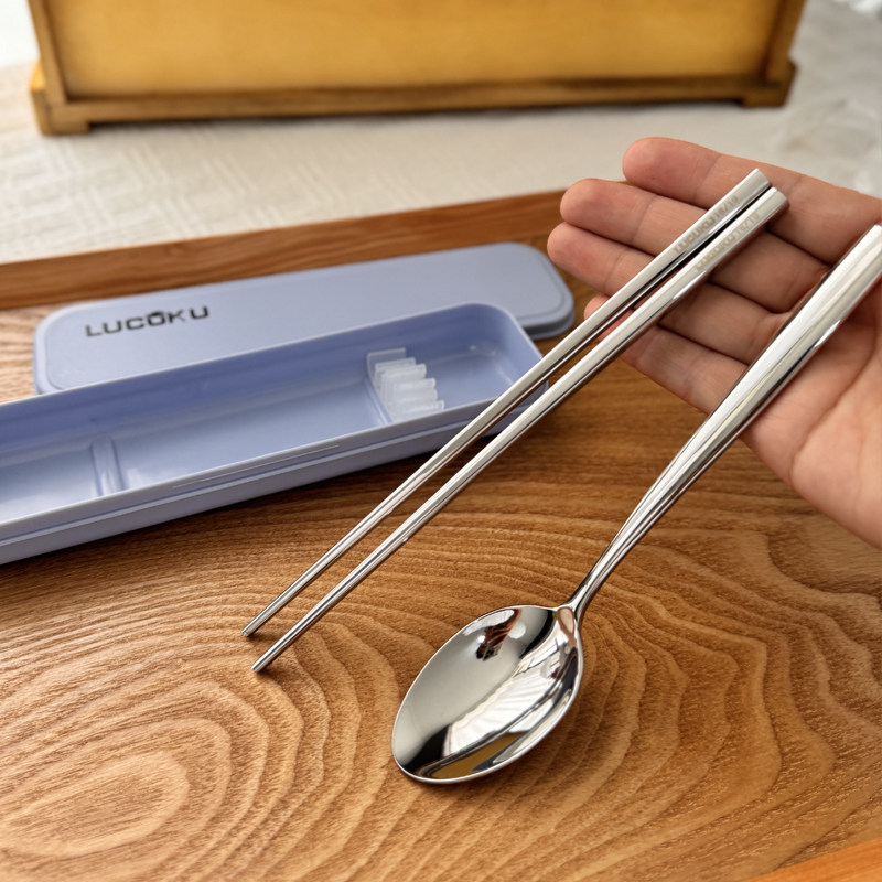 出口德国 】18/10不锈钢勺子筷子套装学生儿童便携旅行情侣套餐盒