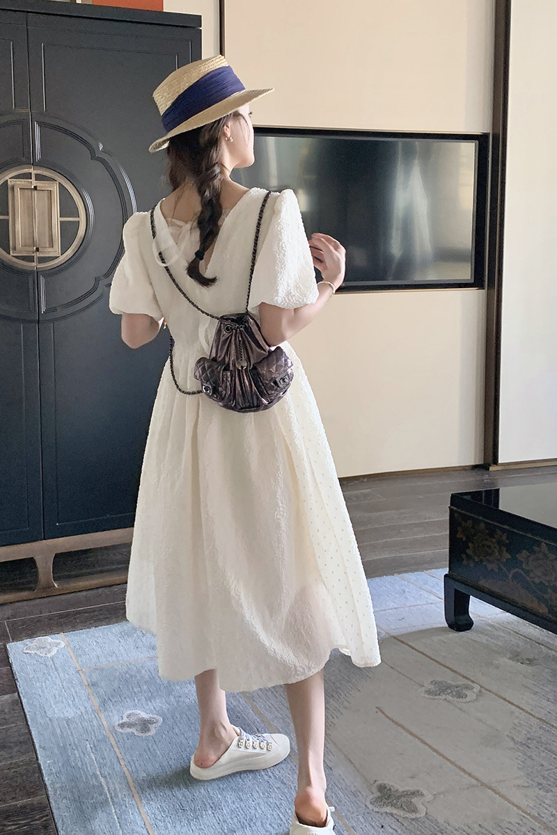 法式宫廷风泡泡袖连衣裙女2025年夏季新款复古方领高腰显瘦公主裙,女装连衣裙,2C201