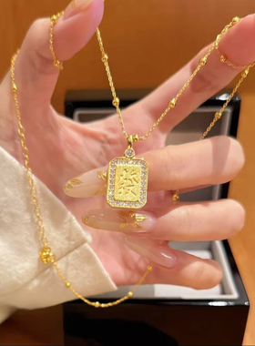 新中式国潮风发财牌项链古法拉丝招财纳福暴富麻将牌吊坠锁骨链女