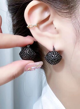 【小提篮】高级感复古镶嵌黑色满钻设计提篮耳环气质网红耳扣耳钉