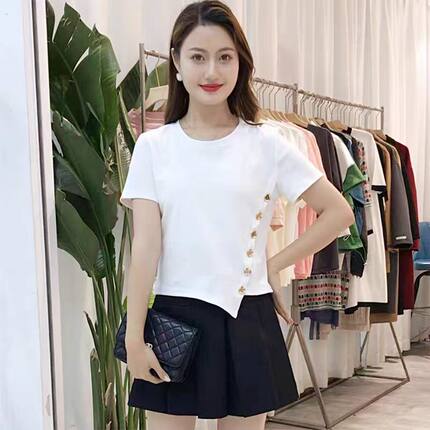 纯棉设计感纽扣短袖t恤女装2025夏季新款洋气时尚不规则短款上衣