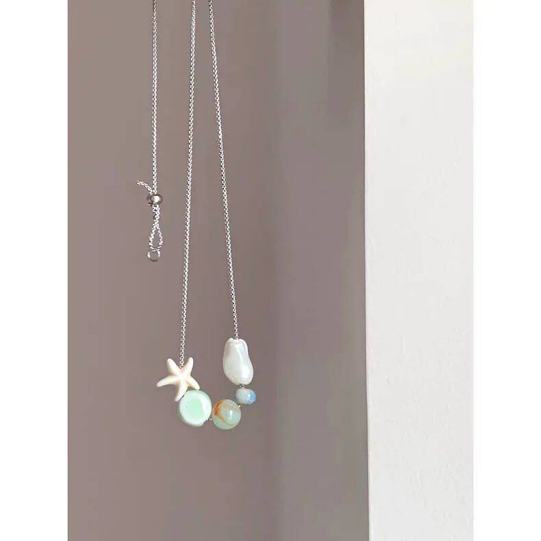 海石记仿珍珠小众项链ins 夏天海边甜美锁骨链新款海星石头饰品