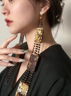 锦缎金银丝绸串珠帘链条流苏复古风汉服暗黑新中式耳环