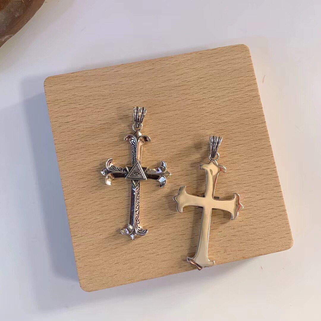 S925唐草雕花十字架银饰吊坠