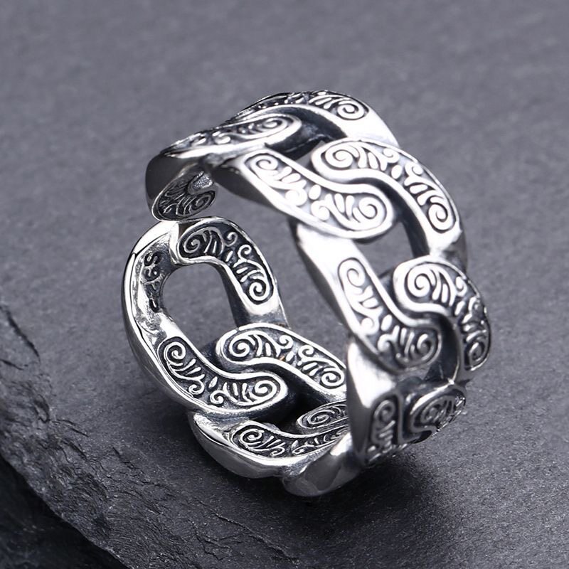 S925复古龙纹手工雕刻开口戒指