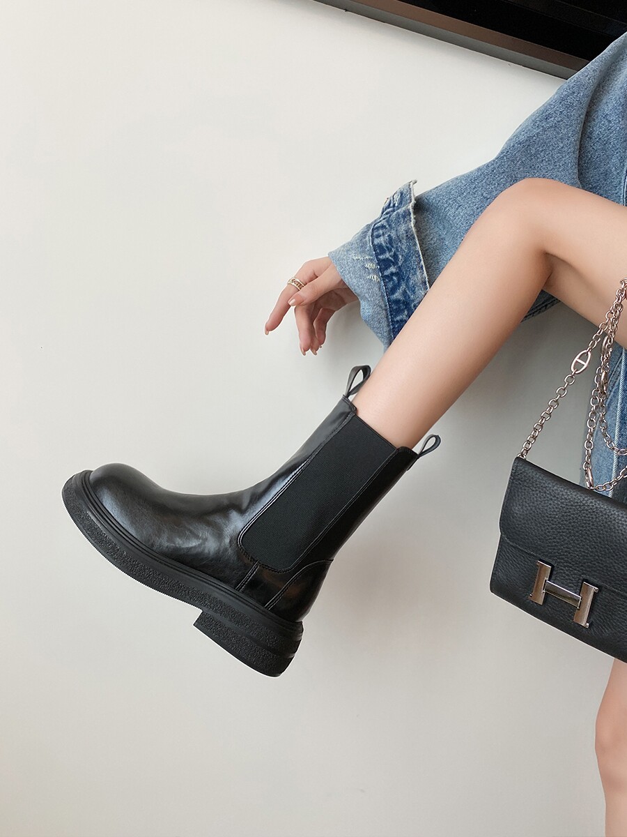 CHELSEA BOOTS WOMENS BRITISH STYLE PLATFORM MARTIN BOOTS SMALL MAN VINTAGE RUFFLED MID-RISE BOOTS LEATHER ANKLE BOOTIES CIGARETTE BOOTS
