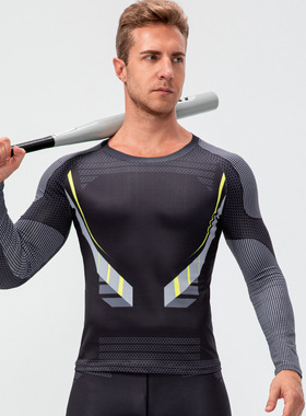 秋冬男印花健身服长袖高弹紧身衣T恤速干运动训练上衣D13009