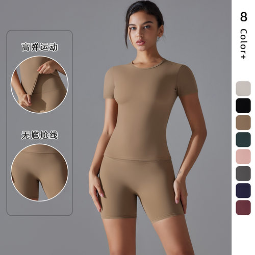 新款春季双面锦纶速干瑜伽服短袖健身套装户外跑步运动两件套女