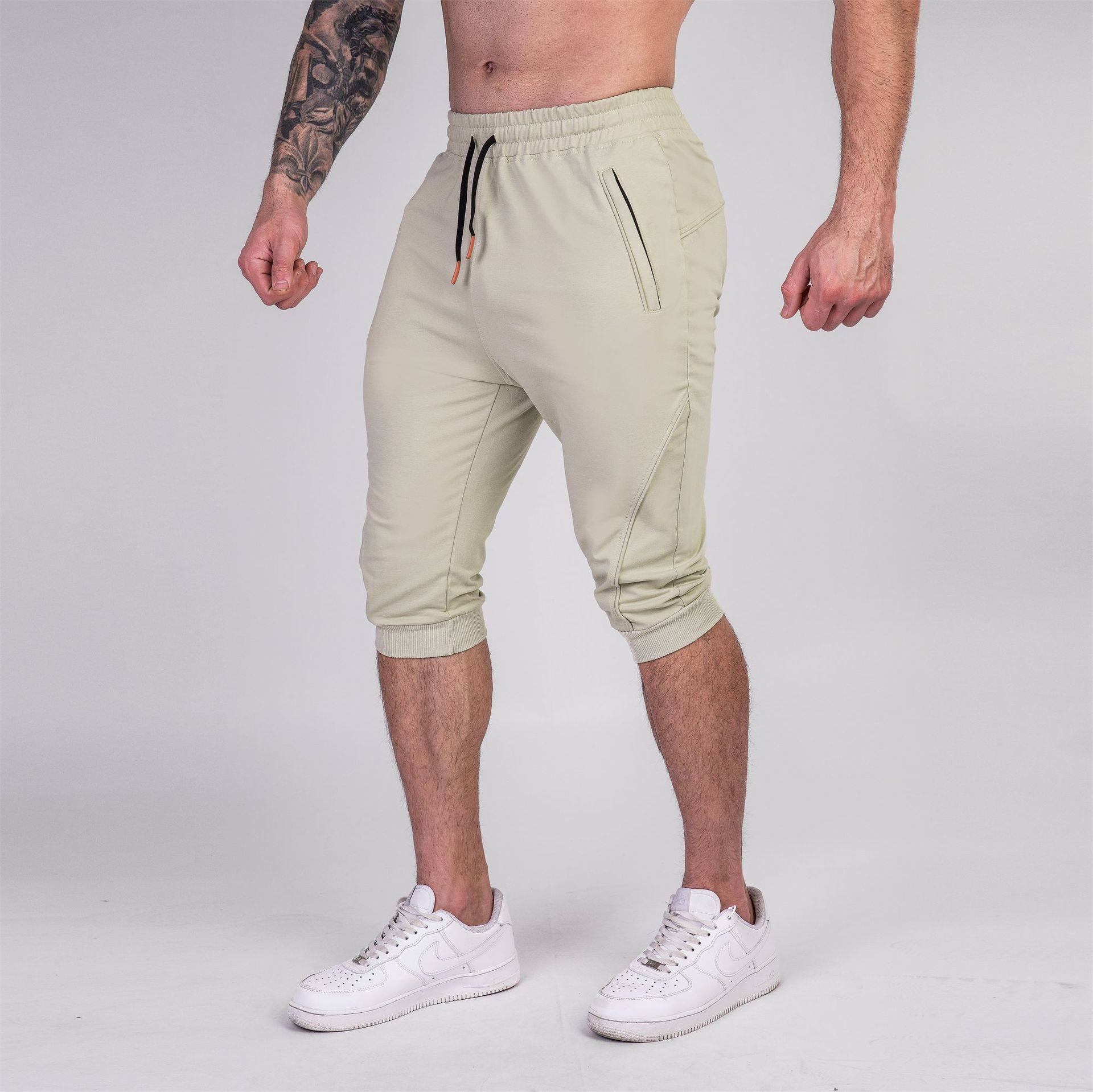 夏季热销新款休闲运动修身健身七分男士慢跑裤拉链口袋训练