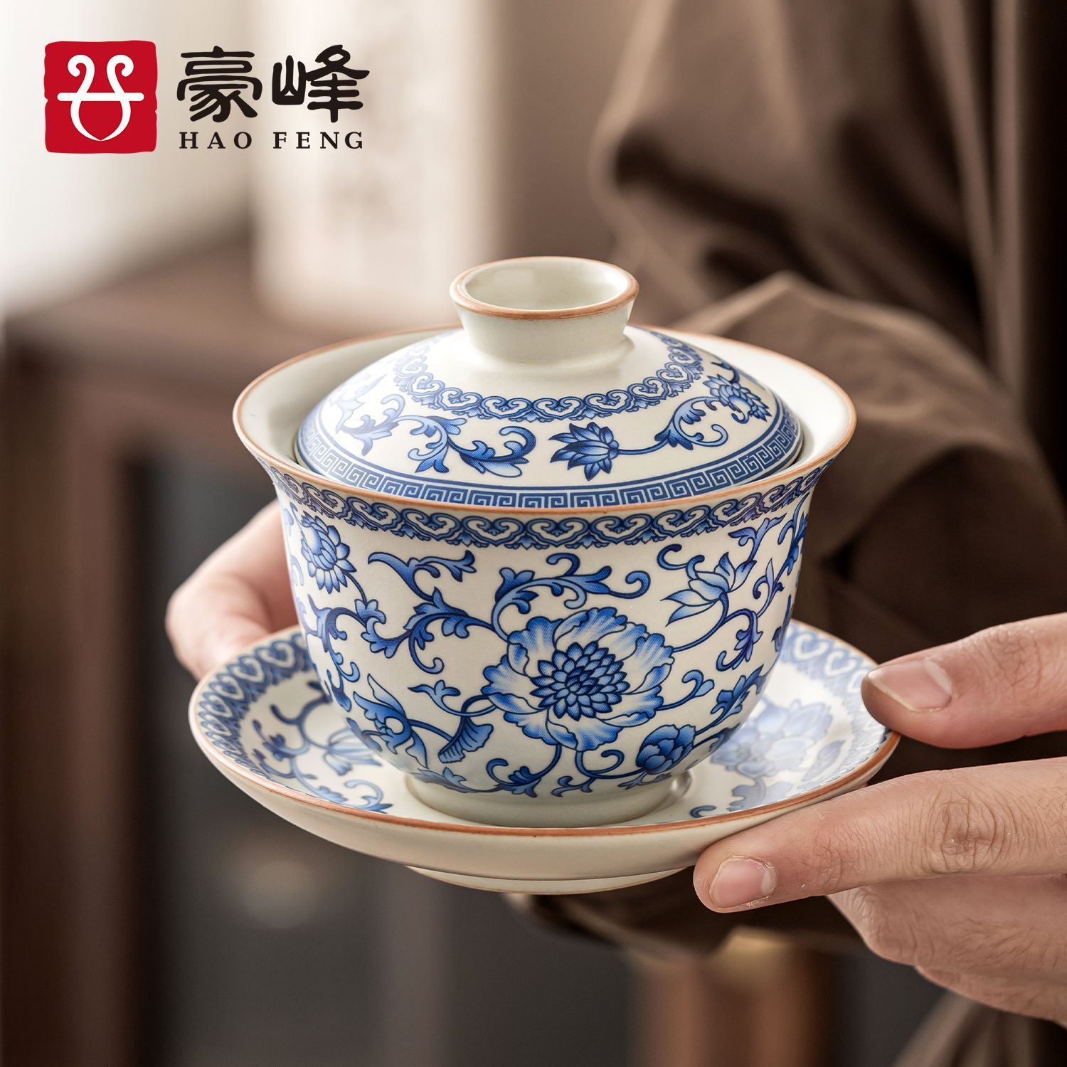 青花三才盖碗家用高档不烫手泡茶碗带盖大容量单个大号茶蛊陶瓷