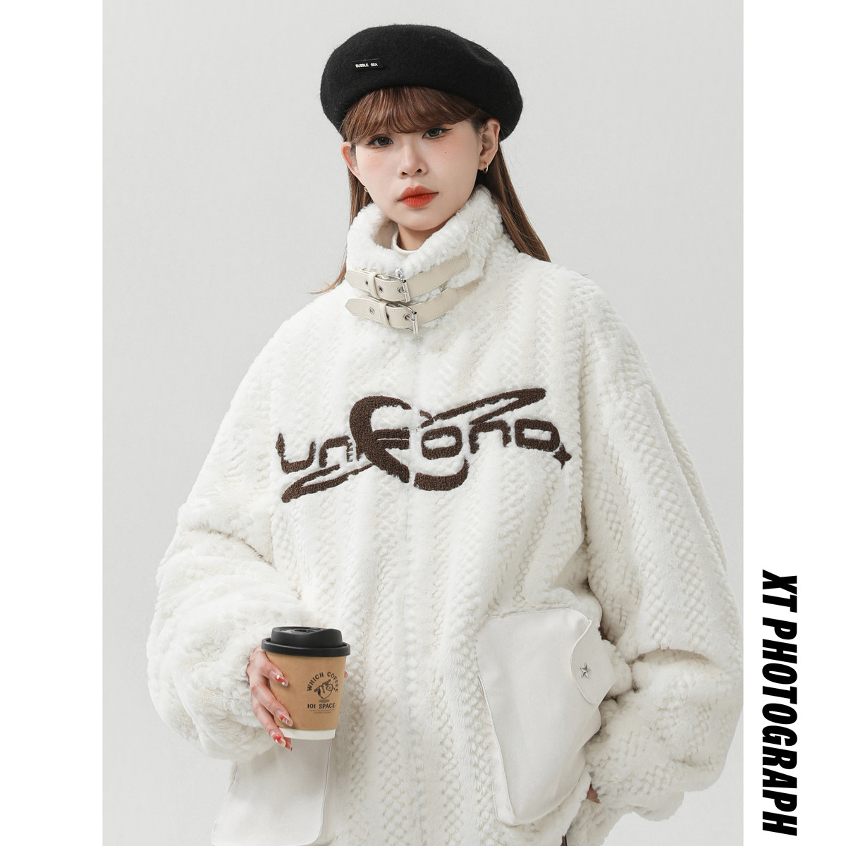 2024冬季工装羊羔毛撞色PU皮口袋女加厚外套 B213-8097-P158控198图片
