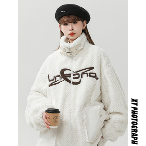 2024冬季工装羊羔毛撞色PU皮口袋女加厚外套 B213-8097-P158控198图片