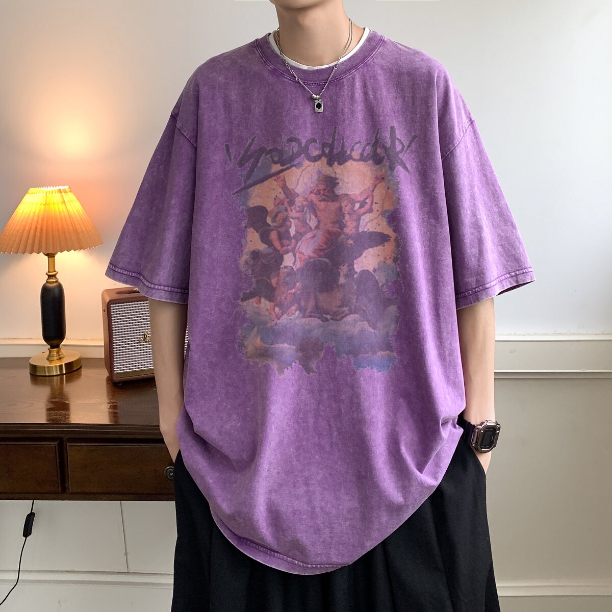 2024夏季水洗宽松短袖男蜡染T恤印花B213-8027-P38控58,男装T恤,星座617A-4