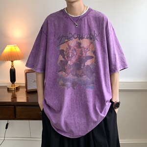 2024夏季水洗宽松短袖男蜡染T恤印花 B213-8027-P38控58图片