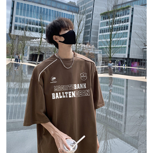 2024夏季美式短袖t恤男机车字母五分袖B213-8143-P38控58图片