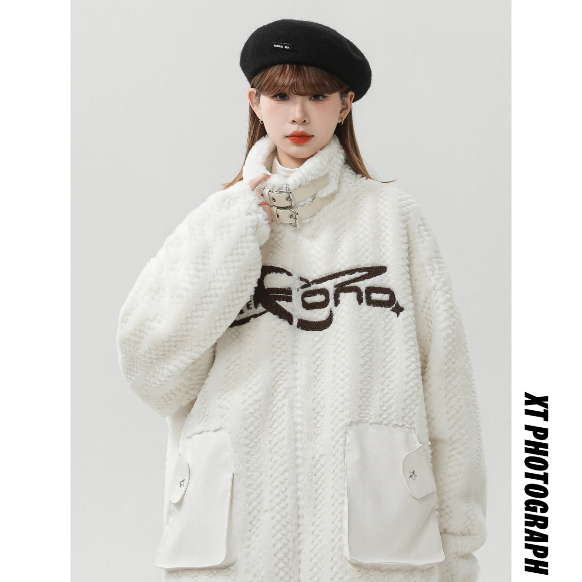 2024冬季羊羔毛撞色PU皮口袋女工装加厚外套B213-8097-P158控198,女装短外套,星座617A-4