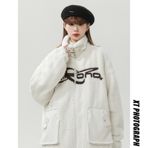 2024冬季羊羔毛撞色PU皮口袋女工装加厚外套B213-8097-P158控198图片