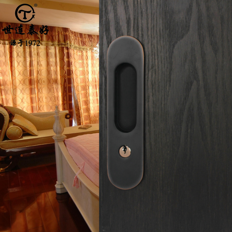 世连泰好铜锁 黑色仿古纯铜移门钩锁 卫生间滑门锁推拉门锁DM008A