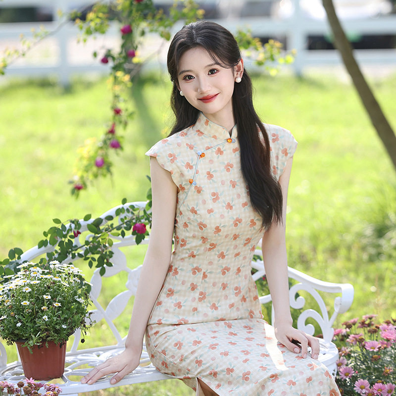 2026新款夏季旗袍立领无袖低开叉长款拖地旗袍年轻款小清新女旗袍
