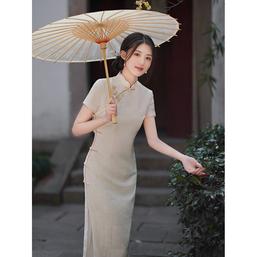 2026新款古圣娇旗袍年轻款高端气质改良长款纯色素雅少女春夏连衣