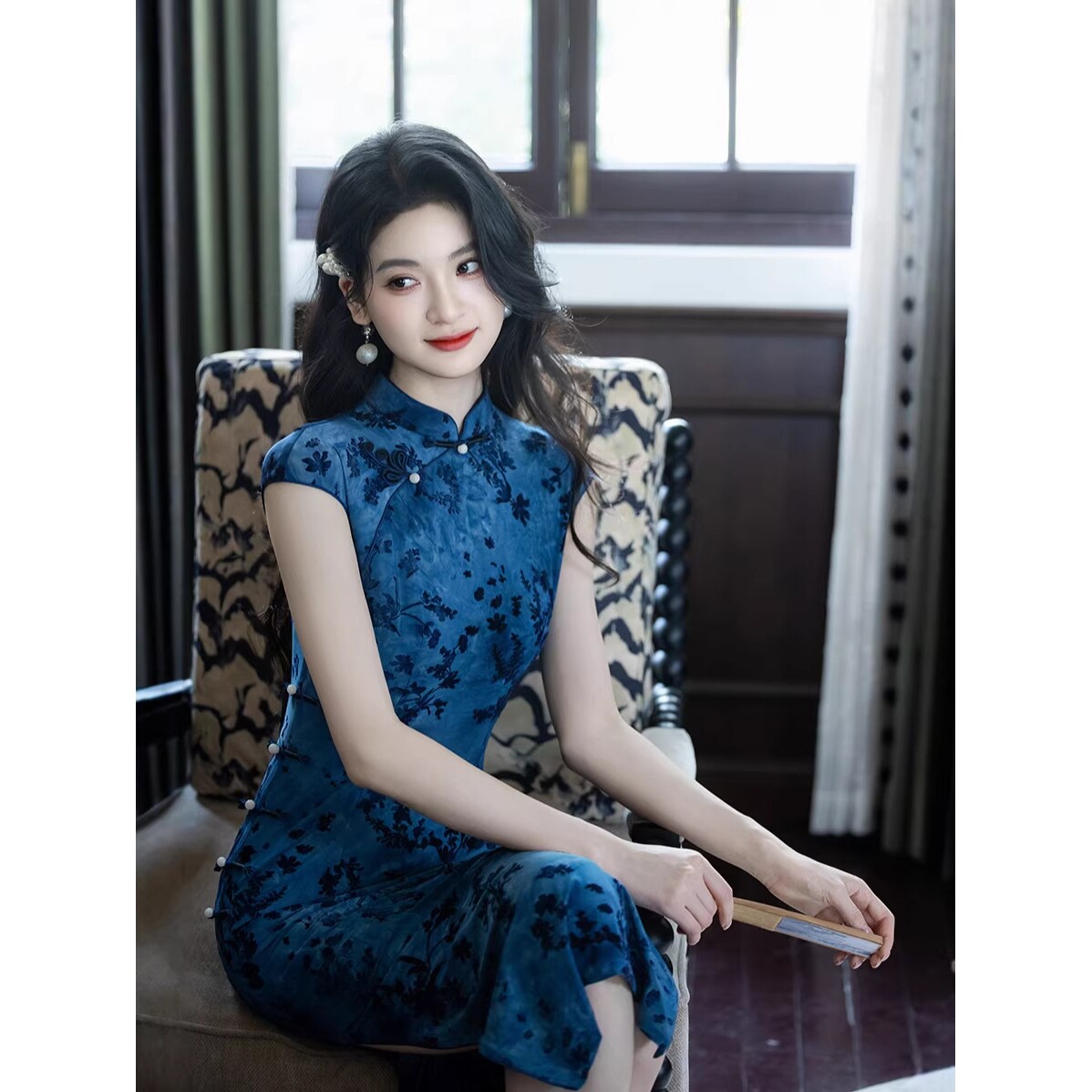 2026新款蓝色旗袍女新中式改良中长连衣裙夏大码有弹力修身日常巨