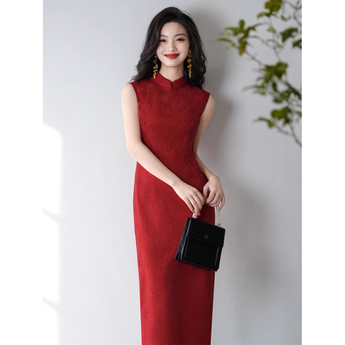 2026新款春夏无袖长款仿醋酸提花旗袍新娘敬酒服港风红色订婚礼服