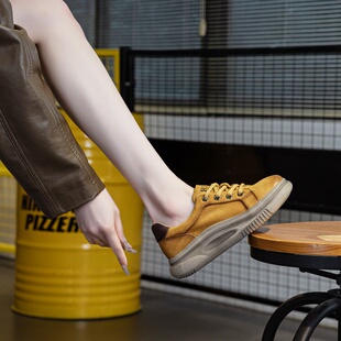 2025新款春款头层牛皮休闲系带女鞋真皮擦色圆头厚底软底轻便