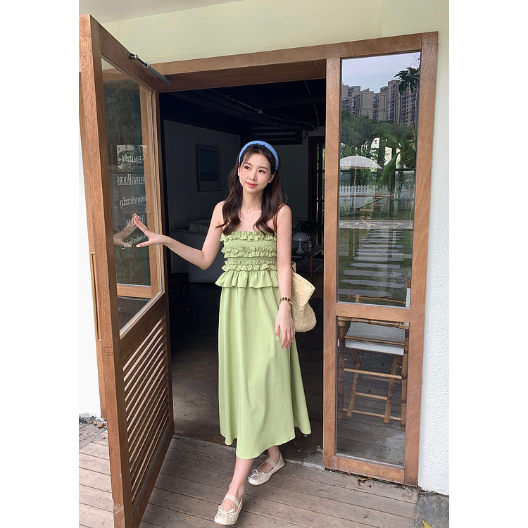 松紧花边抹胸连衣裙女夏纯色宽松裙子132LD6904高腰显瘦包邮新款