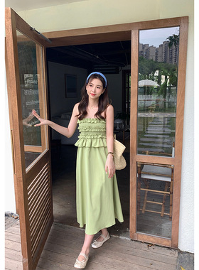 松紧花边抹胸连衣裙女夏纯色宽松裙子132LD6904高腰显瘦包邮新款