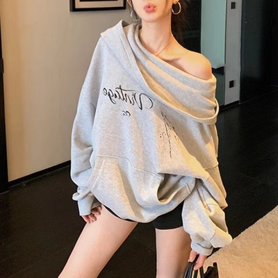 字母印花连帽卫衣女秋季新款宽松美式复古慵懒长袖上衣