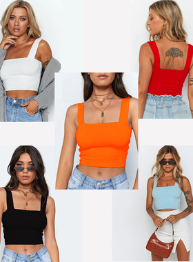 亚马逊ebay跨境女装2024夏季女式t恤露脐上衣方领时尚百搭