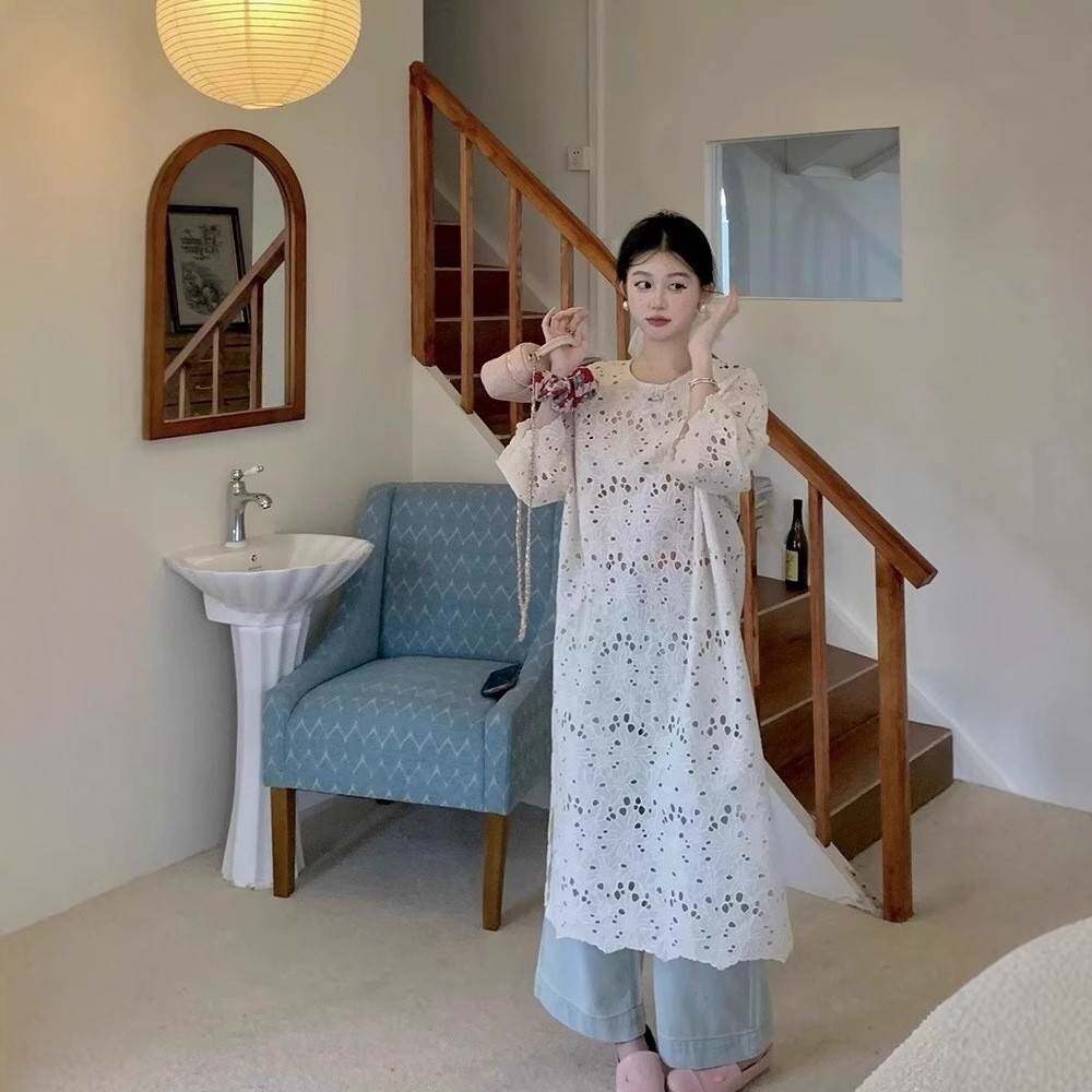 2025年侧开叉宽松长裙女夏秋款休闲百搭直筒裙法式镂空杏色连衣裙