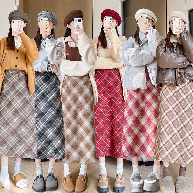 包臀裙女秋冬款毛呢加绒加厚中长裙女百搭高腰显瘦复古格子半身裙