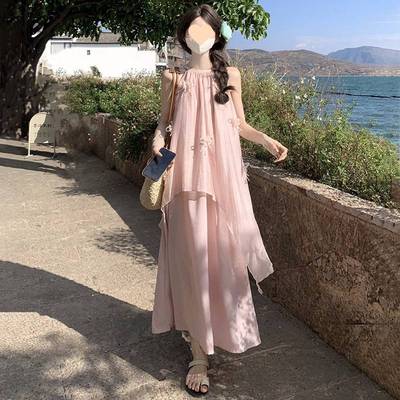 假两件蓝色挂脖吊带连衣裙不规则女夏多巴胺十三行海边度假沙滩裙